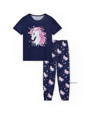 Girls Pajama Set 2 Piece Short Sleeve Top & Pants Polyester Blend PJs for Kids